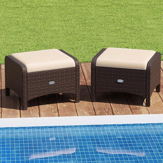 Tangkula 2 Pieces Outdoor Patio PE Wicker Ottomans with Removable Cushions, Outdoor Furniture for Additional Seating, Footrest and Side Table, Outdoor Footstools for Porch, Garden and Backyard