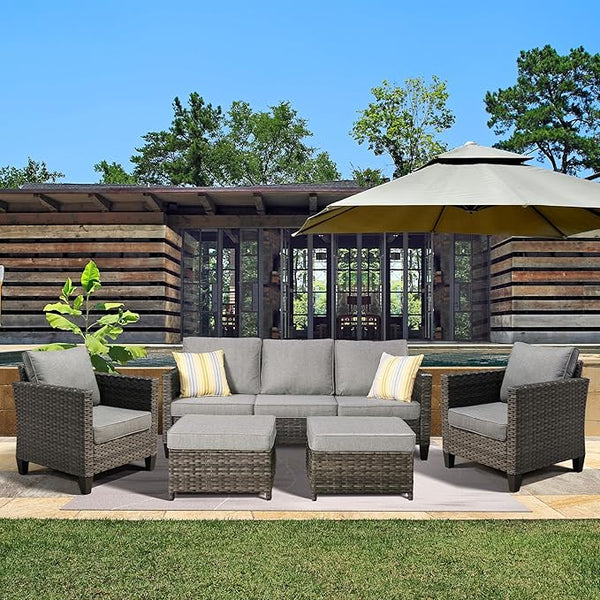 ovios Patio Furniture Set, 5 Pieces Outdoor Wicker Sofa Couch with Ottomans Comfy Cushions - Photo 1