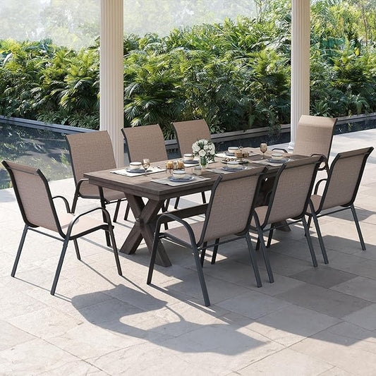 Patio Dining Chairs Set of 8, Outdoor High Stacking Chairs,Breathable Seat Fabric and Alloy Steel Frame for Backyard, Porch, Garden, Sunroom (Light Brown)