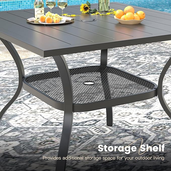 VICLLAX Outdoor Patio Dining Table for 4, Square Metal Table with Umbrella Hole and Storage Shelf for Garden, Lawn, Balcony, Deck, Black