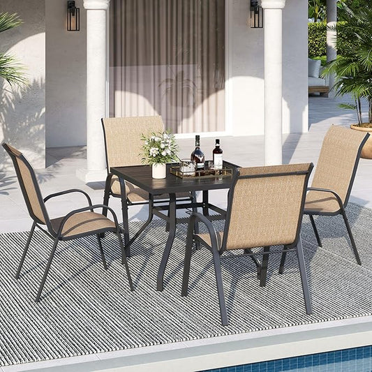 Patio Dining Chairs Set of 4, Outdoor High Stacking Chairs for All Weather, Breathable Seat Fabric and Alloy Steel Frame for Backyard, Porch, Garden (Brown)