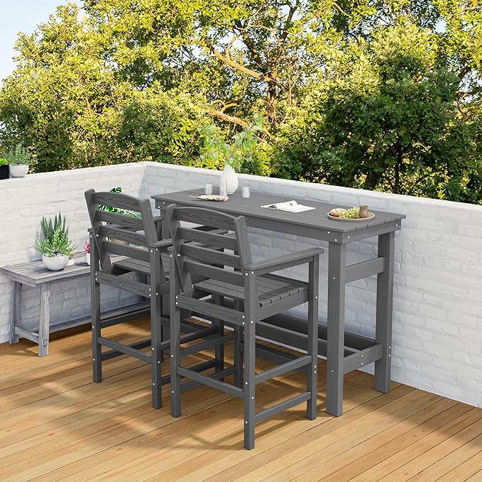 SERWALL Outdoor Bar Set with 9ft Umbrella, All-Weather HDPE Patio Bar Chairs and Table, Outdoor Furniture Set, Grey (Umbreall Base not Included)
