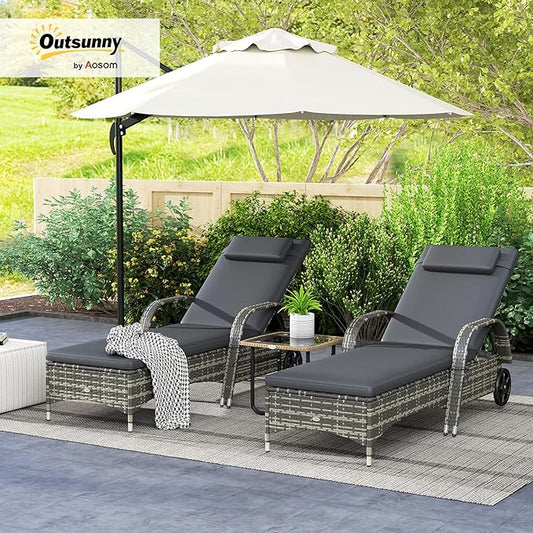Outsunny Wicker Outdoor Chaise Lounge Set of 2, 5-Level Adjustable Backrest PE Rattan Pool Lounge Chair with Wheels, Cushion & Headrest, Mixed Gray and Gray