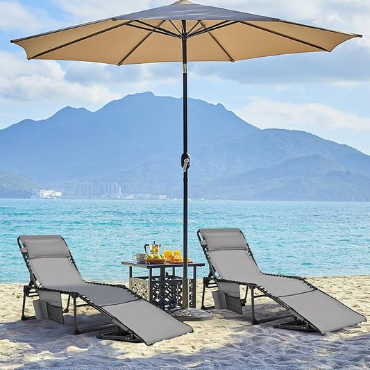 Yaheetech 22.4" Tanning Chair with Face Hole, Adjustable 5-Position Folding Chaise Lounge Chairs, Outdoor Lounge Chairs for Lawn, Beach, Sunbathing, Gray