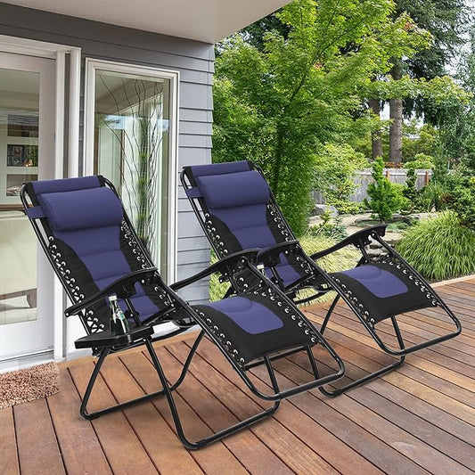 MAISON ARTS Padded Zero Gravity Lawn Chairs Set of 2 Foldable Patio Recliners Anti Gravity Lounge Chairs w/Pillow & Cup Holder Outdoor Camp Chairs for Poolside Backyard Beach, Blue