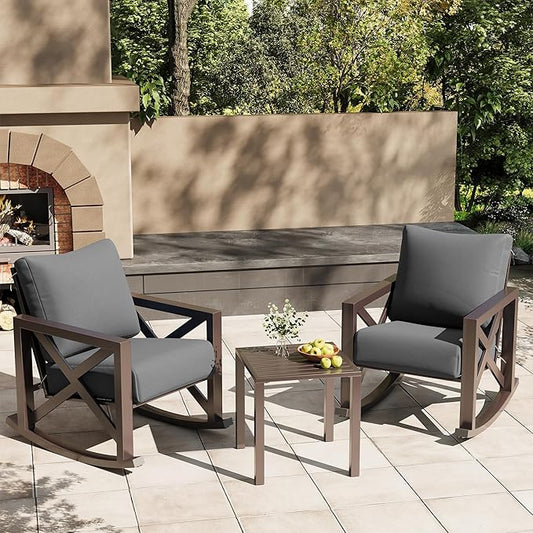 UDPATIO Outdoor Rocking Chair Set of 2 with Coffee Table, 3 Piece Metal Patio Furniture Set with 6.5" Water-Resistant Cushions, Oversized, 350lbs Heavy-Duty, for Porch, Patio, Balcony, Dark Grey