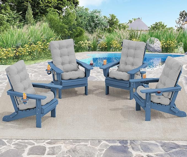 SERWALL Folding Adirondack Chairs with Cushions - Set of 4, Memory Foam Cushions - Blue/Gray - Photo 1