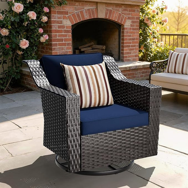 Outdoor Furniture Swivel Chair, Patio Glider Wicker Rocker Seating with Cushions for Porch Deck Balcony (Blue) - Photo 1