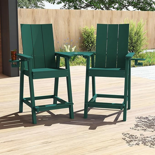 Tall Adirondack Chair Set of 2, HDPE Balcony Chairs with Connecting Tray, Two Cup Holders, All-Weather Adirondack Bar Stools for Patio, Balcony, Backyard, Poolside, Dark Green