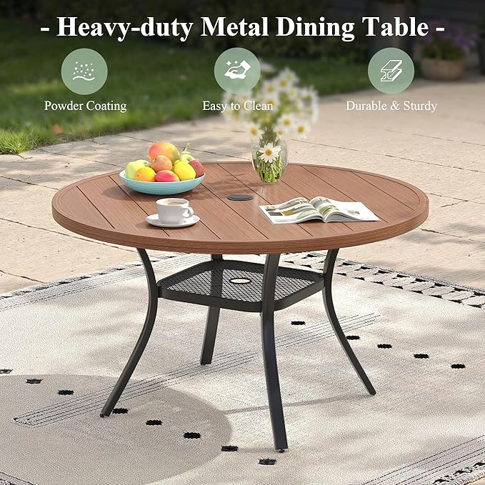 Outdoor Dining Table with Adjustable Umbrella Hole, 40.6" All-Weather Round Patio Dining Table for 4, Metal Patio Table with Storage Shelf for Garden Lawn Porch Deck Yard, Walnut