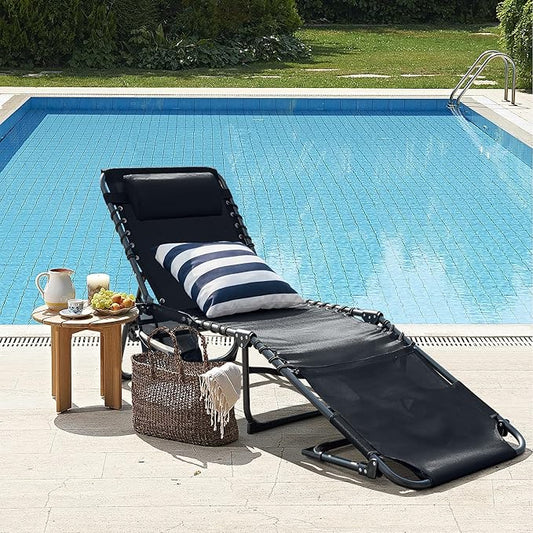 Greesum Chaise Lounge Folding Tanning Chair with 5 Position Adjustable Back, Detachable Pillow & Pocket for Outside Pool, Beach, Sunbathing, Black w/Face Hole