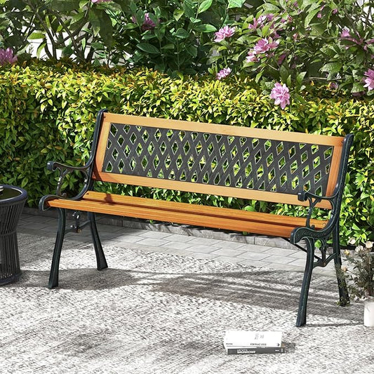 Tangkula Outdoor Garden Bench Park Bench, Patio Bench Chair with Cast Iron & Hardwood Structure, Weather Proof Porch Outdoor Furniture Loveseat, Perfect for Backyard, Deck, Lawn, Poolside