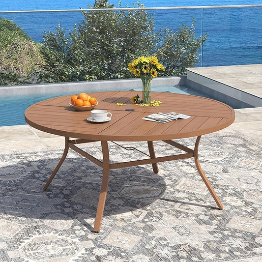 DIFY 59.8" Round Outdoor Patio Dining Table for 8-10, All-Weather Metal Steel Slatted Patio Table with 1.57" Adjustable Umbrella Hole for Garden, Backyard, Deck, Walnut