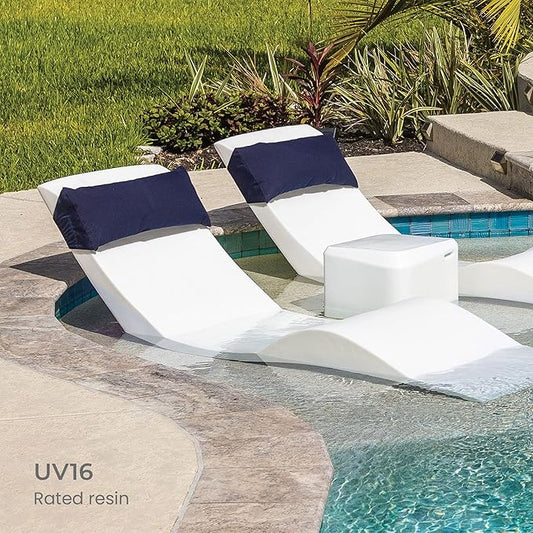 Aqua Outdoors in-Pool DEEP Ledge Chaise Set - Two Chaises - Two Headrest Pillows - Chaise Risers and One Large in Pool Side Table - for ledges 9"-14" inches Deep (White Granite-Grey)