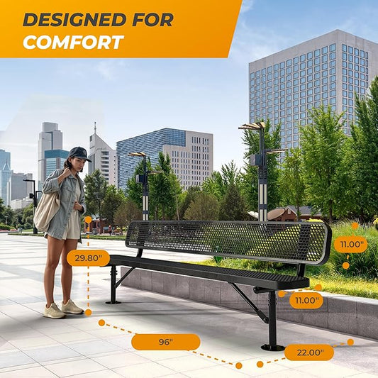 Heavy-Duty Outdoor Metal Bench, Thermoplastic-Coated, Surface, Weatherproof, Commercial-Grade for Parks, Gardens, Patios, Stores & More (8 Ft - Surface with Back, Black)