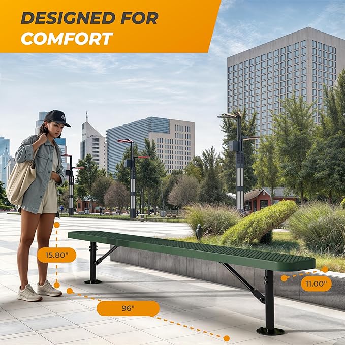 Heavy-Duty Outdoor Metal Bench, Thermoplastic-Coated, Surface, Weatherproof, Commercial-Grade for Parks, Gardens, Patios, Stores & More (8 Ft - Surface, Green)