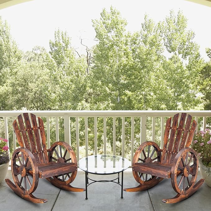 Outvita Adirondack Rocking Chair, Wood Wagon Rocker, Outdoor Wooden Carbonized Lounge Chairs with Wheel Armrest for Garden Patio Country Yard Porch, Fir