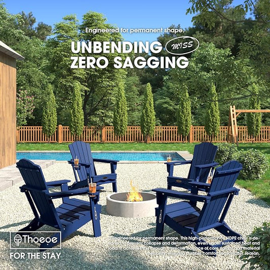 Folding Adirondack Chair,HDPE All-Weather Outdoor Chair with Cup Holder,Wooden Textured,Fire Pit Chair,Plastic Patio Chair for Deck,Backyard,Garden,Lawn(Navy Blue)