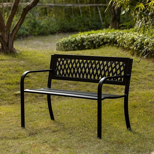 Gardenised Outdoor Steel 47" Park Bench for Yard, Patio, Garden and Deck, Black Weather Resistant Porch Bench, Park Seating