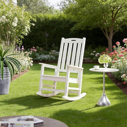 Psilvam Oversized Outdoor Rocking Chair, with 21" Wide Seat and 32" Tall Backrest, Pre-Assembled with Most Components for Effortless Installation (White)