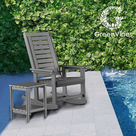 GREENVINES Outdoor Rocking Chair Set | 3-Piece | 2 Rocking Chairs with 1 Side Table | Porch Rocker | HDPE Plastic | Grey | Patio Furniture Sets | High Back | Big & Tall | Ladder Back
