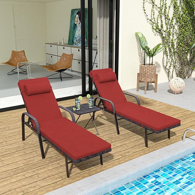 Patio Chaise Lounge Set 3 Pieces Pool Lounge Chairs,Cushioned Outdoor Folding Lounge Chair w/Arm and Rattan Adjustable Backrest for Poolside Porch,Folding Table Included,Red