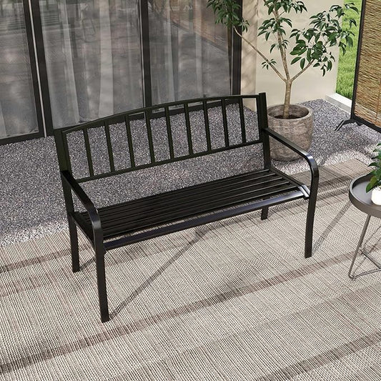Giantex Metal Outdoor Bench, Patio Garden Bench with Backrest, Curved Armrests, Slatted Seat for 2-3 Persons, 660 LBS, Heavy-Duty Outside Seating Loveseat for Yard, Porch, Park, Black