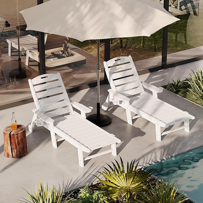 HDPE 5-Position Patio Lounge Chair for Outside Set of 2, HDPE Chaise Lounge Outdoor with Cup Holder, Resin Pool Lounger Chair with Rolling Wheels