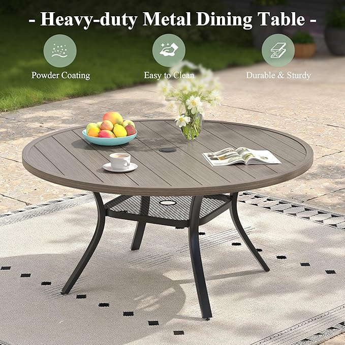47.2" Patio Dining Table for 6, Round Outdoor Metal Dining Table with Umbrella Hole for Lawn Garden Backyard, Grey