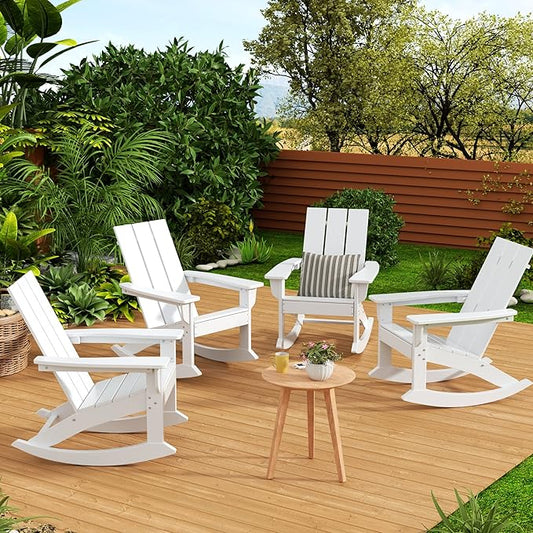 WestinTrends Ashore Patio Rocking Chairs Set of 4, All Weather Poly Lumber Plank Adirondack Rocker Chair, Modern Farmhouse White Rocking Chairs for Porch Garden Backyard and Indoor