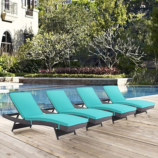 Modway Convene Wicker Rattan Outdoor Patio Chaise Lounge Chairs in Espresso Turquoise - Set of 4