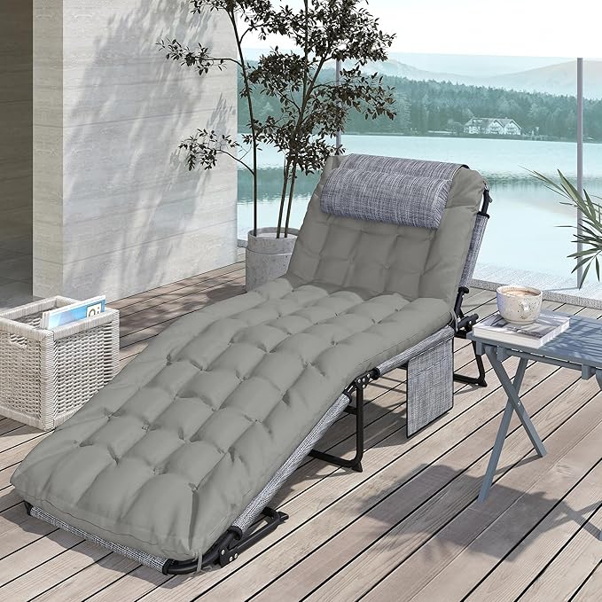 Outsunny Folding Chaise Lounge with 4-Level Reclining Back, Outdoor Tanning Chair with Cushion, Outdoor Lounge Chair with Breathable Mesh Fabric, Side Pocket, Headrest, Gray