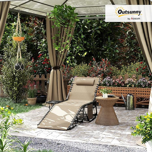 Outsunny Folding Chaise Lounge Chair Outdoor Tanning Chair with Side Table, 5-Level Adjustable Beach Lounge Chair with Headrest, Side Pocket for Patio, Backyard, Beach, Poolside, Beige