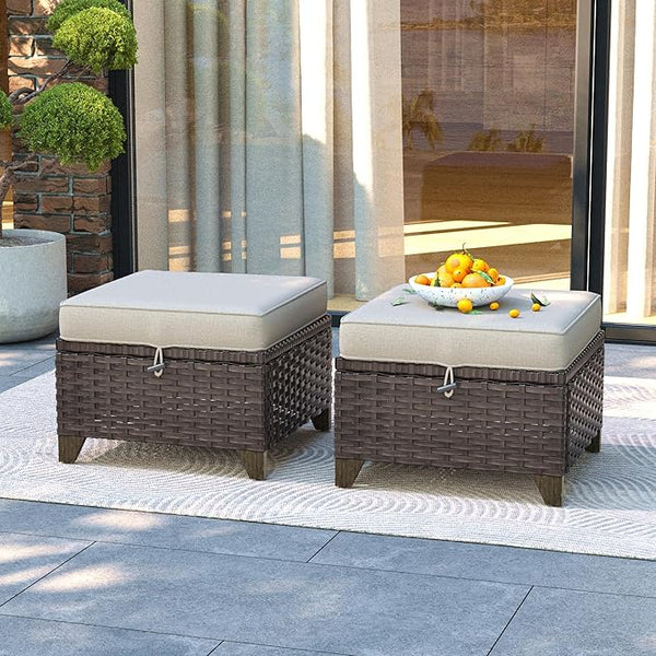 2 Pieces Patio All-Weather Wicker Ottomans with Cushions, PE Rattan Outdoor Conversation Furniture Set for Backyard - Photo 1