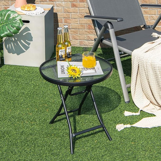 Giantex Folding Side Table, Round Small Patio Table, Tempered Glass Tabletop, Steel Frame, Weather-Resistant Outdoor Indoor Use for Bistro Porch Garden Balcony (Classic Round, 18"x18"x18.5")