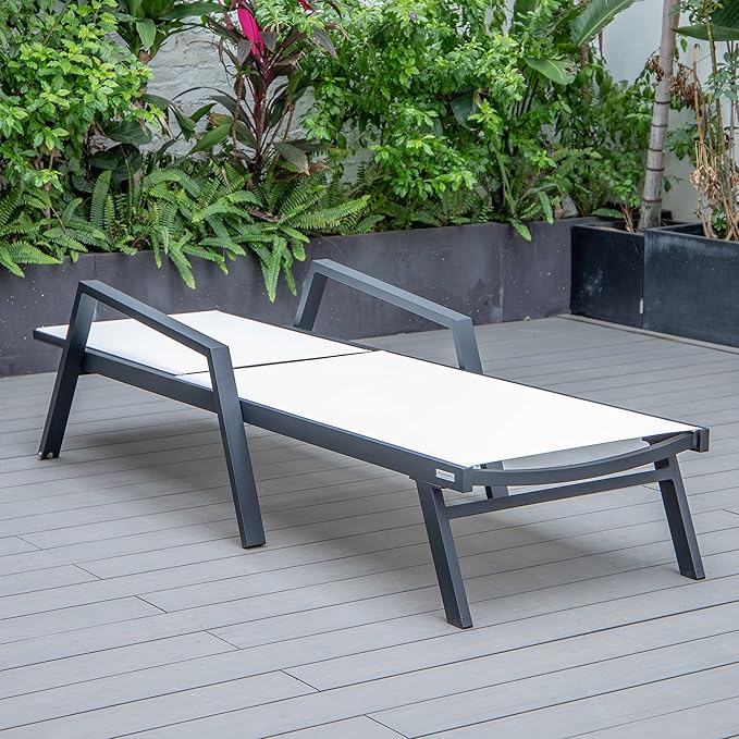 LeisureMod Marlin Patio Chaise Lounge Chair, Adjustable Outdoor Black Aluminum Lounge with Breathable Mesh Sling Back, Lightweight Poolside Reclining Sun Lounger Weather & UV Resistant (White)