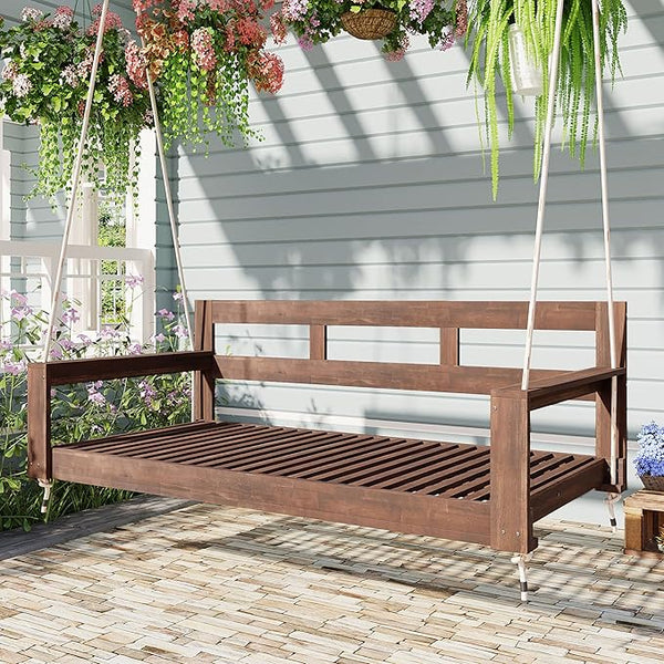 Merax Patio Wooden Twin Size Porch Swing Daybed Frame, Farmhouse Swing Bench Chair with 4 Hanging Ropes for Backyard - Photo 1