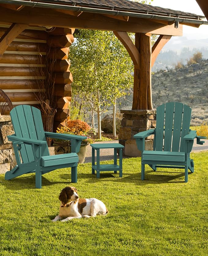 SERWALL Folding Adirondack Chair Set of 4, Adjustable Adirondack Chair with 3 Recline Positions, All Weather HDPE Outdoor Adirondack with Cup Holders, Light Green