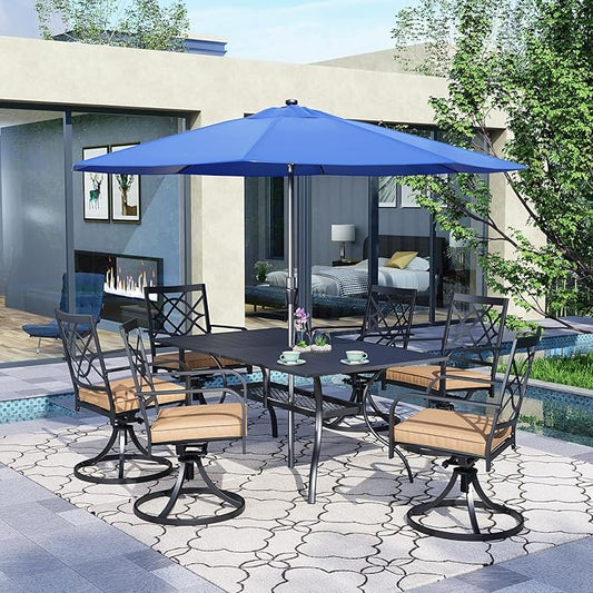 SUNCROWN 7 Pieces Outdoor Dining Set Metal Swivel Cushioned Chairs Patio Furniture Sets with Steel Slat Bistro Table and Dark Blue 10Ft Patio Umbrella for Backyard, Lawn, Garden