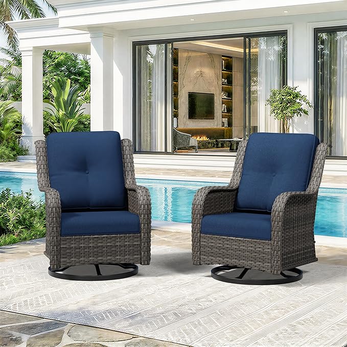 Swivel Rocker Patio Chairs Set of 2 - Outdoor Wicker Patio Furniture Set 2 Pieces with Thickened Olefin Cushions, High Back and Deep Seating, Hand-Woven PE Rattan for Porch, Deck, Blue