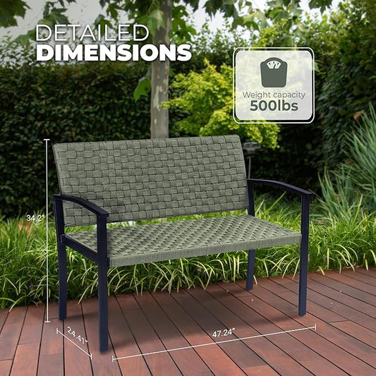 Chelsea Olive Patio Loveseat All-Weather Rope Outdoor Bench with Metal Armrest, Patio Outdoor Furniture Ideal Garden Bench for Balcony, Lawn, Backyard and Deck (Green)
