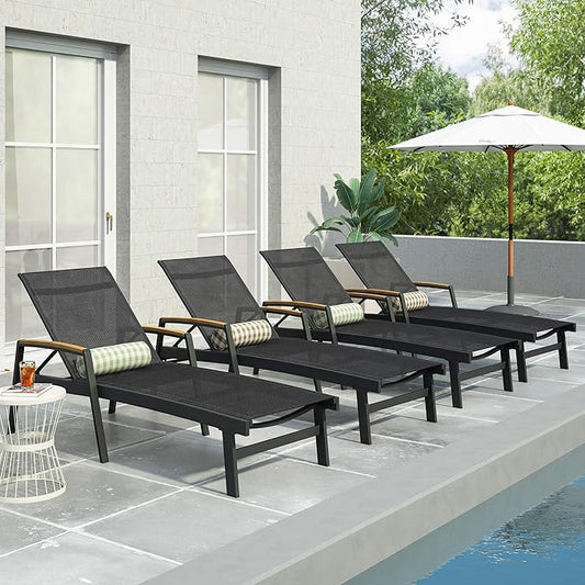 Teresa Outdoor Aluminum Chaise Lounge with Mesh Seating (Set of 4), Black
