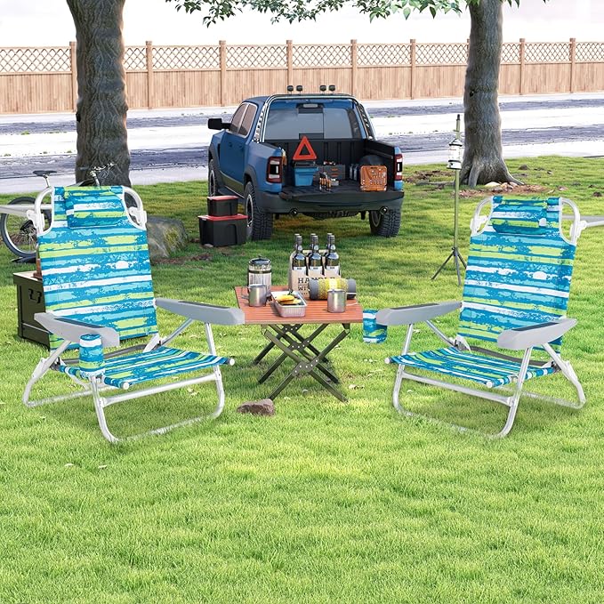 GYMAX Beach Chairs, 4Pcs Folding Camping Chair with Adjustable Backrest, Shoulder Strap, Cup Holder & Headrest, Portable Aluminum Lounger for Tanning, Sunbath, Lawn, Patio (Green, 4 Chairs)