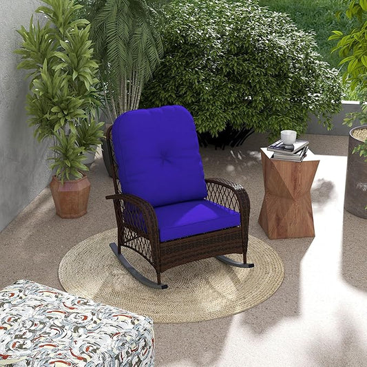 Outsunny Outdoor Wicker Rocking Chair with Wide Seat, Thickened Cushion, Rattan Rocker with Steel Frame for Patio, Garden, Backyard, Dark Blue