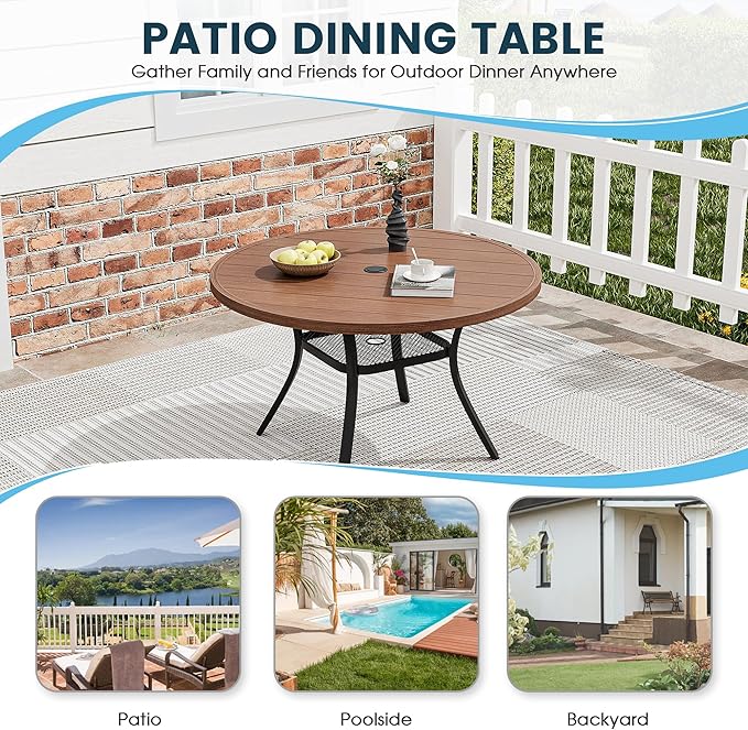 Patio Dining Table for 4, Round Metal Outdoor Table with Storage Shelf, 1.57" Umbrella Hole, 41" Outdoor Slat Tabletop Dining Table for Backyard, Porch, Lawn, Walnut