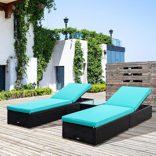 Outsunny Chaise Lounge Chair Set of 2 with 5 Angle Backrest, Outdoor Coffee Table, Water Repellent Cushions, PE Rattan Wicker Poolside Chairs, 3-Piece Pool Furniture Set, Dark Brown/Turquoise