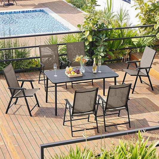 Yaheetech Patio Dining Chairs Set of 2, Portable Dining Chairs with Armrests for Camping, Lawn and Beach, Folding Patio Chairs 2-Pack of Metal Frame, Brown