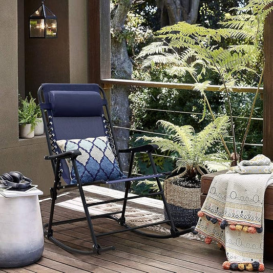 Devoko Patio Rocking Zero Gravity Chair Outdoor Wide Recliner Chair for Lawn Beach Camping Poolside with Headrest Pillow (Light Blue)