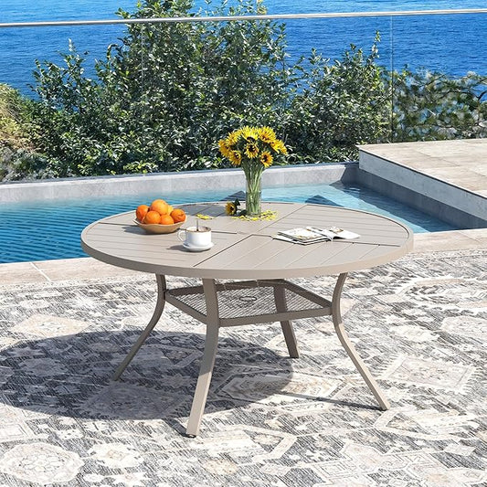 DIFY 47.2" Round Outdoor Patio Dining Table for 6, All-Weather Metal Steel Slatted Patio Table with 1.57" Adjustable Umbrella Hole, for Lawn Garden Porch Backyard, Sandshell