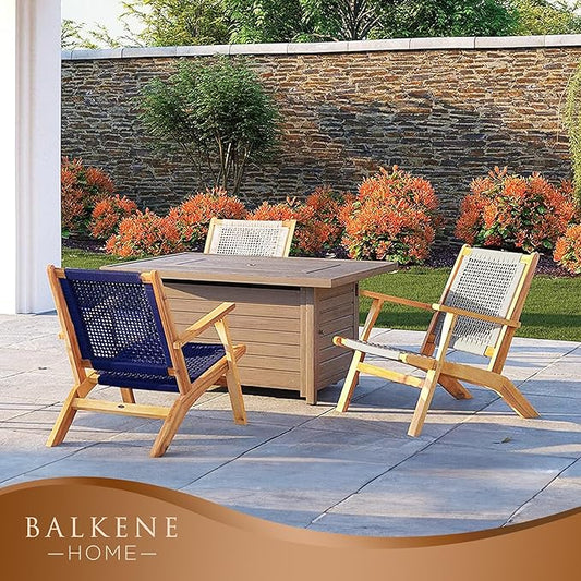Balkene Home 62773 Vega Natural Stain Outdoor Chair Acacia Wood Construction Hand Woven Seat Mid Century Design Comfortable Reclining Armchair Patio Lawn Garden Backyard Deck - Ecru Cording